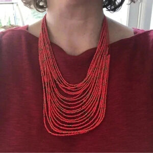 Pretty Handmade Ethnic Style Red Orange Multi Layer Seed Bead Necklace NWT